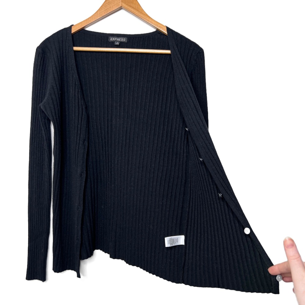 EXPRESS Black Ribbed V Neck Button Up Long Sleeve Cardigan Sweater Womens M - Picture 12 of 16